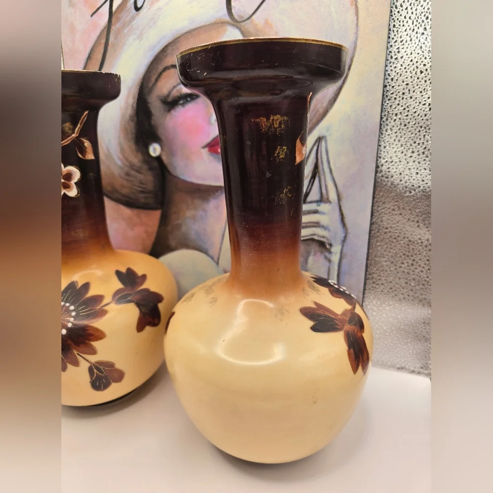 Antique Victorian Tan & Brown Floral Opaline Bristol Glass Pair of Vases